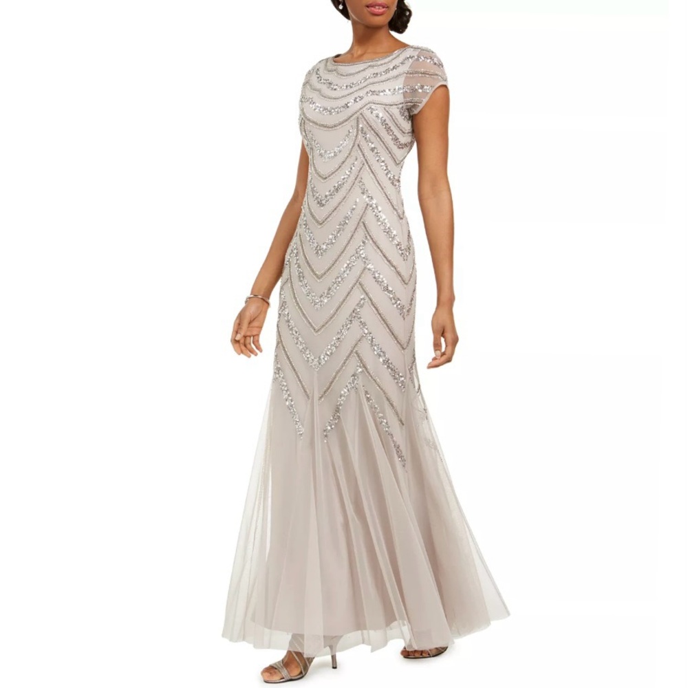 adrianna papell embellished godet-inset gown
